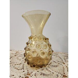 Empoli Italian Glass Abstract Hobnail Amber Vase 7" Vintage